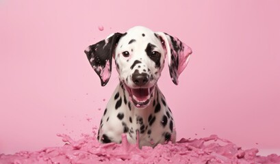The happy stone Dalmatian is deep in the pink mud.