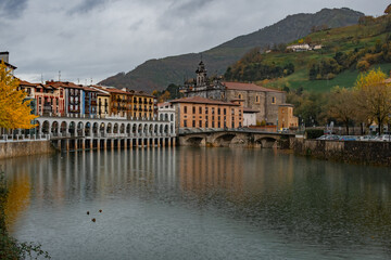 Fototapeta na wymiar Basque village on a cloudy, rainy, autumn day.