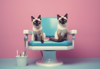 Siamese cats sit on a chair in the pet salon, waiting their turn.