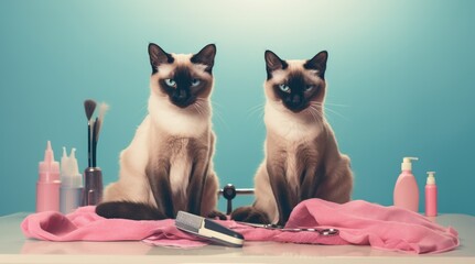 Two Siamese cats sit on a table in the pet salon.