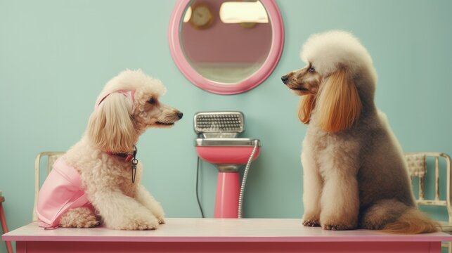 Two poodles gaze at each other in the pet salon.