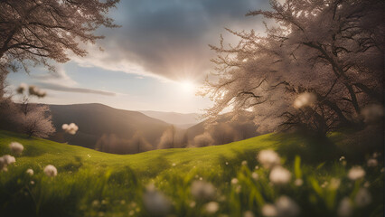 Beautiful spring landscape with blooming meadow and forest in mountains