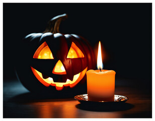 Halloween Candle with Pumpkin Spooky October Concept