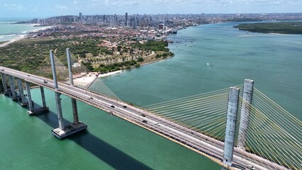 Panoramic view of Cable Viaduct bridge at Natal capital city of Rio Grande do Norte. Brazil Northeastern. Downtown aerial cityscape Cable Viaduct bridge. Natal Rio Grande do Norte. Natal Brazil. 