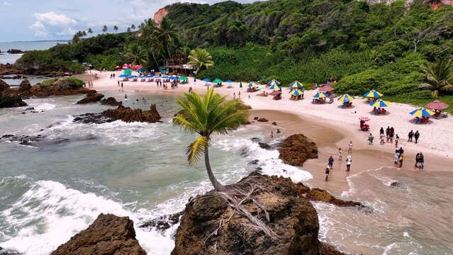 Tambaba Beach At Conde In Paraiba Brazil. Beach Landscape. Travel Destination. Nature Background. Outdoors Aerial. Tambaba Beach At Conde Paraiba Brazil.