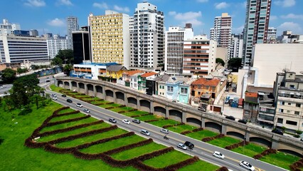 Panoramic aerial view of famous crossing between East Radial highway road and May 23 avenue at downtown Sao Paulo. East west connection of regions of city. Transportation scenery.