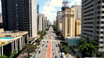Paulista avenue at downtown Sao Paulo Brazil. Stunning landscape of tourism landmark avenue of city. Urban aerials. Aerial cityscape of famous Paulista avenue at downtown Sao Paulo Brazil. 