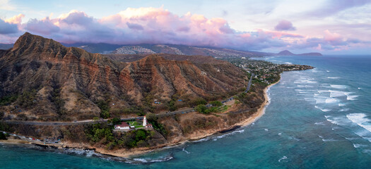 Panoramic view of Diamond Head and the Kahala coast of Honolulu, Hawaii