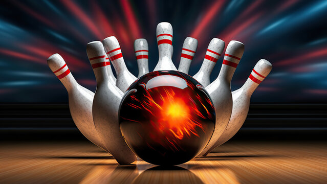 The bowling ball is ready to be hit. Image of a bowling ball hitting pins and exploding.	
