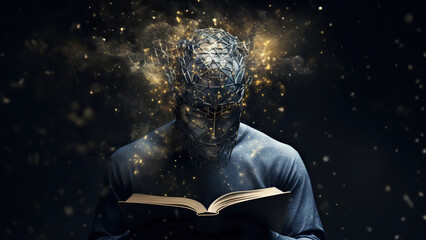 Illustration of how books affect brain neurons, a silhouette of a person reading a book.	
 - obrazy, fototapety, plakaty