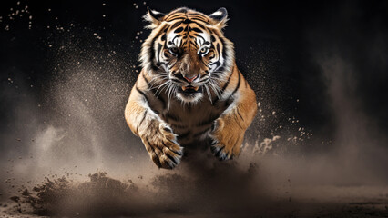 An aggressive tiger runs on the sand and download to the camera	
 - obrazy, fototapety, plakaty