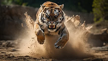 Fotobehang An aggressive tiger runs on the sand and download to the camera   © Morgan