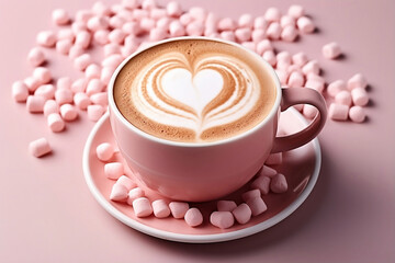Cup of latte and small marshmallows on pink background.