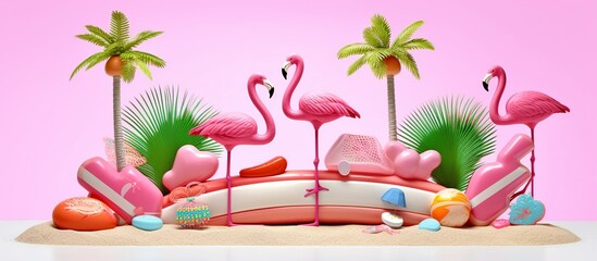 summer on the beach with flamingos and coconut trees and colorful vector