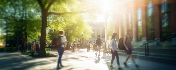 Crowd of students walking through a college campus on a sunny day, motion blur - Powered by Adobe
