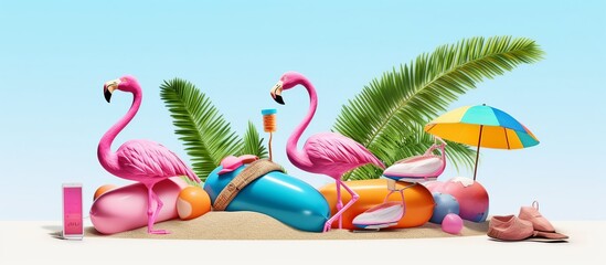 summer on the beach with flamingos and coconut trees and colorful vector