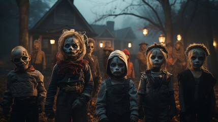 Halloween. Creepy, scary little zombie kids in front of a spooky house at night.