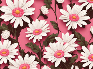 Vector retro seamless pattern with white daisies and pink background