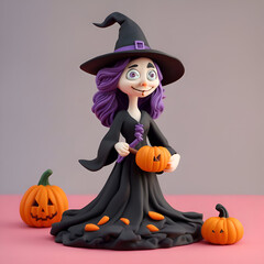 3d illustration of a cute cartoon witch with pumpkins for Halloween