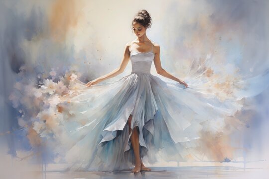 graceful girl in a ballet blue dress drawn in watercolor