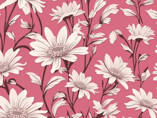 Schilderijen op glas Vector retro seamless pattern with white daisies and pink background © DesignBee