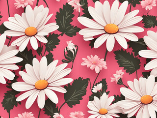 Fototapeta na wymiar Vector retro seamless pattern with white daisies and pink background