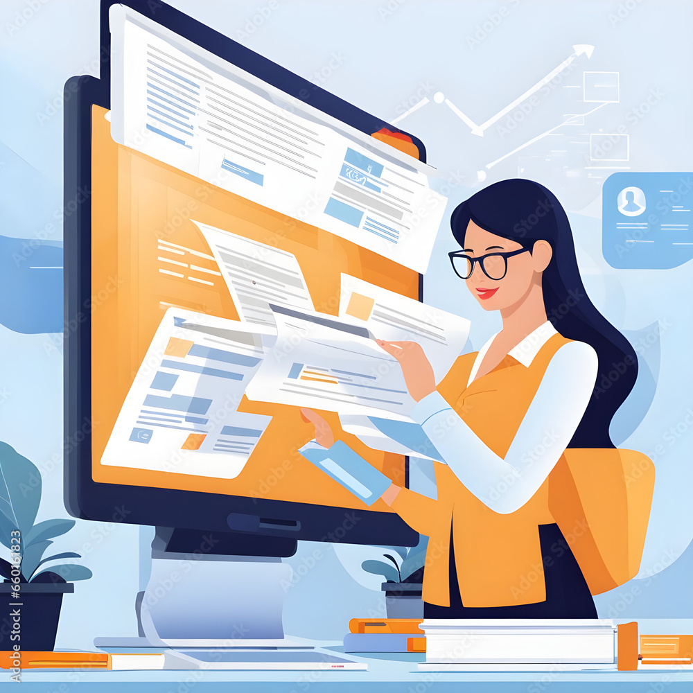 Poster document management concept, businesswomen check electronic documents on digital documents on virtua