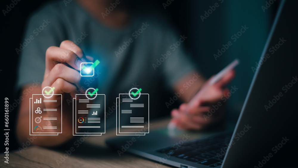 Poster prepare check and approve concepts. document management, paperless. women tick mark documents for on