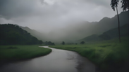Landscape of river and fog in the morning with mountain background.
