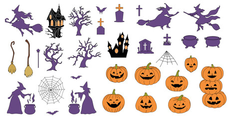 Halloween Symbol Icon Set, Vector Halloween Illustrations, Halloween Clipart, Pumpkins, Jack o Lantern, Witch, Spooky Trees, Witch House, Magic, Witchcraft, Bat, Cauldron, Broomsticks