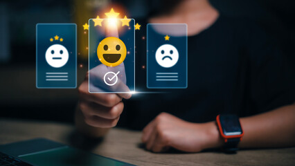Customer service and satisfaction, Women giving feedback satisfaction. five stars Positive Review....