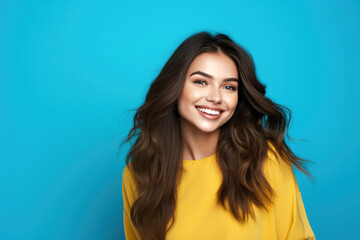 Fototapeta premium portrait of smiling young woman laughing against blue background