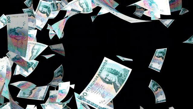 Money rain. Swedish Krona SEK paper money bills falling down. Vertical video