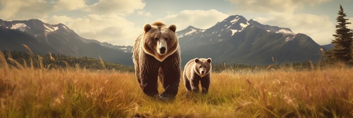 two brown bears walking on a grass field Generative AI - obrazy, fototapety, plakaty