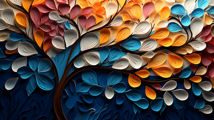 Wall hanging branches seamless pattern leaves fall with bright color flowers illustration background. 3d abstraction wallpaper for interior mural wall art decor, Elegant colorful - obrazy, fototapety, plakaty