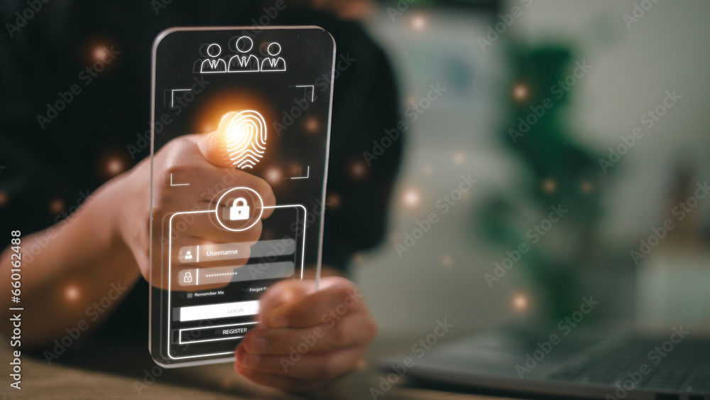 Poster biometric identification. woman unlocking smartphone scanning fingerprint with personal verification