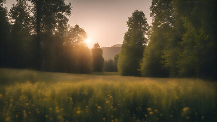 Sunset over a meadow with yellow flowers and trees in the background