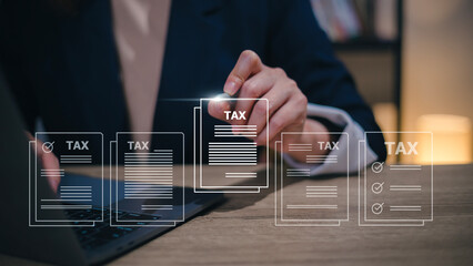 Corporate and individual tax payment concept, woman using computer filling out corporate and...