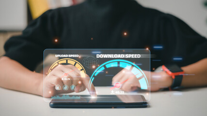 Fast internet connection speedtest bandwidth network technology, Woman using Internet high speed by...
