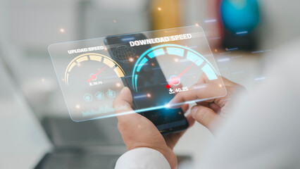 Fast internet connection speedtest bandwidth network technology, Man using Internet high speed by...
