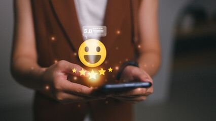 Customer satisfaction concept. Positive emotion happy smile face five star and crown with copy...