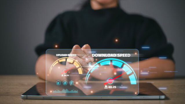 Fast internet connection speedtest bandwidth network technology, Woman using Internet high speed by smartphone and laptop computer, 5G quality, speed optimization.