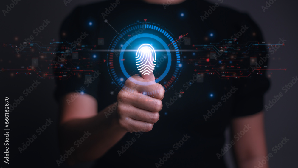 Poster futuristic digital processing of biometric identification fingerprint scanner for access personal fi