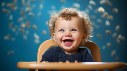 Small happy Boy smile. Child is sitting in party room, having meal. Celebrate birthday. Concept of healthy kids food. Ai generative illustration