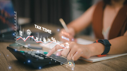 Concept of tax payment optimization business finance, people with taxes icon on technology screen, income tax and property, background for business, individuals and corporations such as VAT - obrazy, fototapety, plakaty