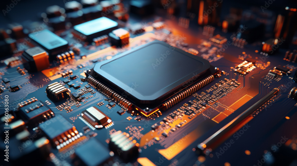 Poster closeup background of motherboard. circuit cpu microchip digital. ai generative illustration