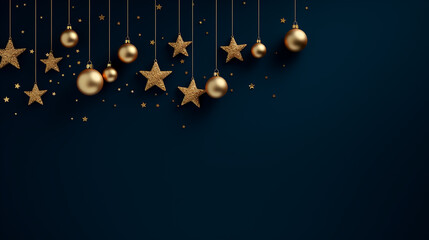 golden baubles and stars on a deep blue background - obrazy, fototapety, plakaty