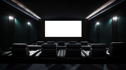 Movie cinema hall interior with rows of seats and white blank mockup screen. Ai generative illustration