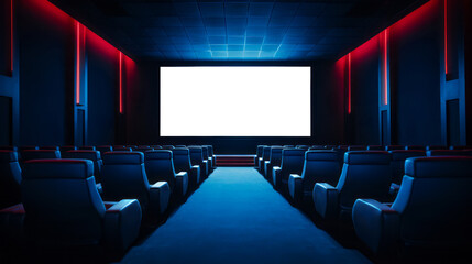 Movie cinema hall interior with rows of blue seats and white blank mockup screen. Ai generative illustration - obrazy, fototapety, plakaty