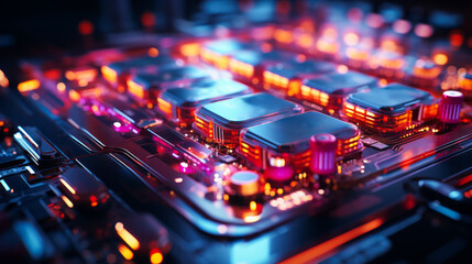 Closeup hardware background of motherboard. Circuit cpu microchip digital. Ai generative illustration - obrazy, fototapety, plakaty